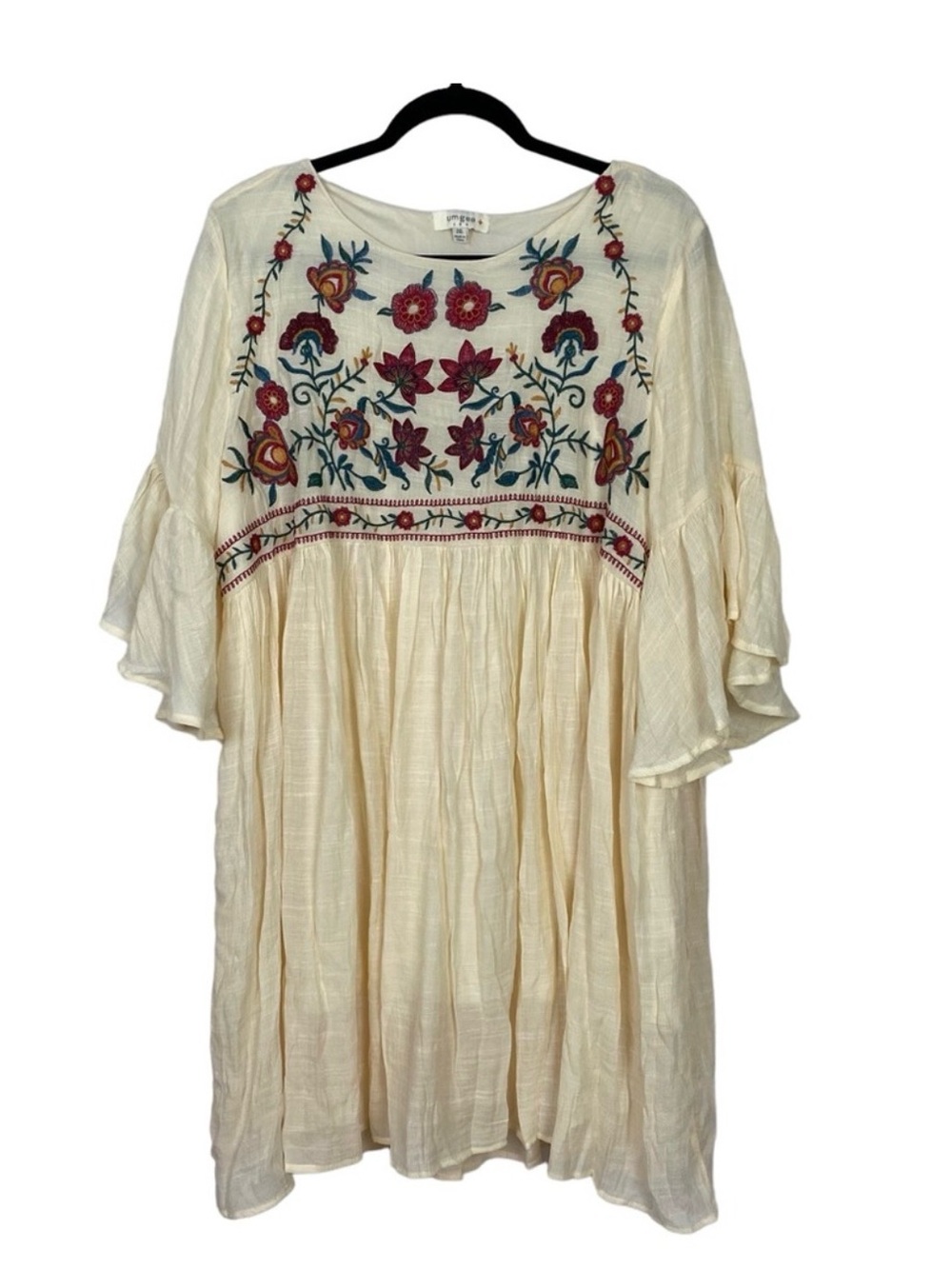 Umgee Cream Boho Mini Dress with Multicolor Floral Embroidery